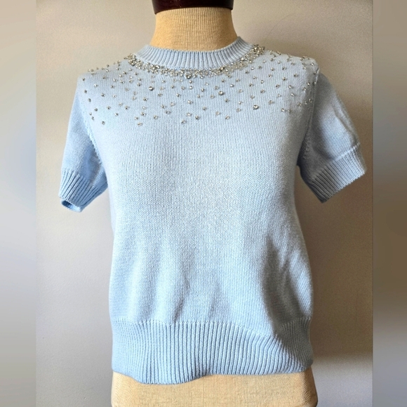 ZARA Light Blue Beaded Short Sleeve Sweater. Size Small - Picture 1 of 9